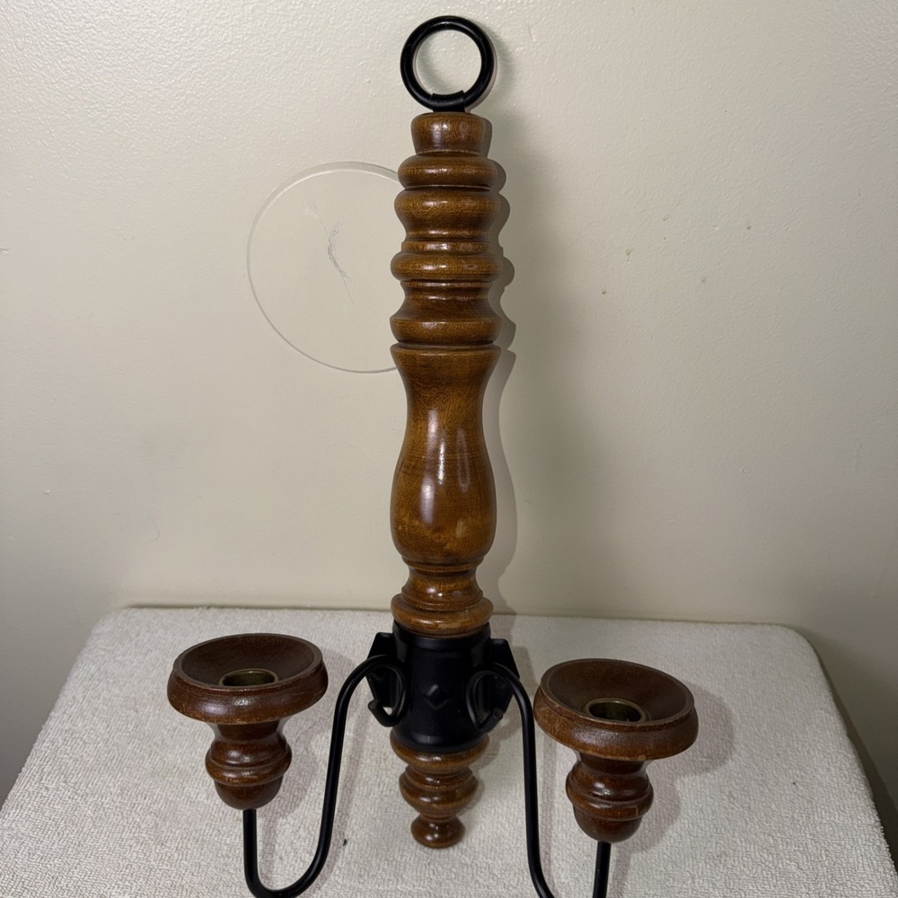Vintage Homco Brown Wood Black Metal Double Candle Wall Sconce Decor 17"